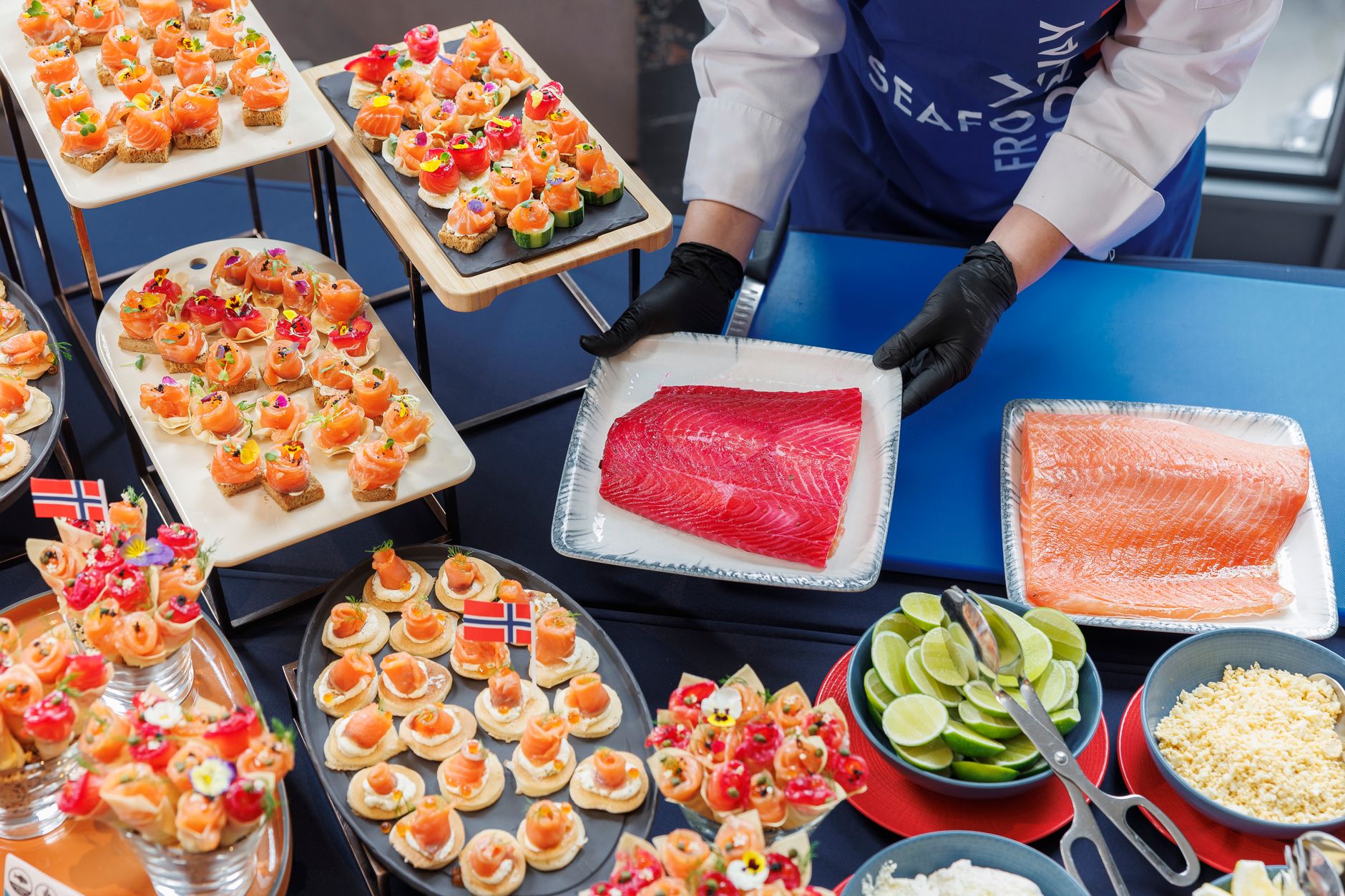 gourmet seafood buffet with fresh salmon display